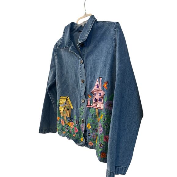 The Tog Shop Denim Button Jacket Shirt Petite Medium Women Stitched Birdhouse - Picture 2 of 8
